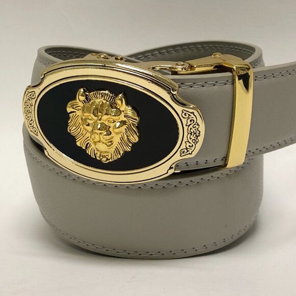 Gray Leather Belt Automatic Buckle Slide Belts No Hole Strep Ratchet Buck Unisex - Picture 1 of 3